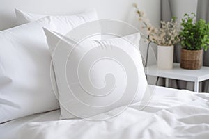 White pillow case mockup template. Blank soft pillow on the bed in bedroom