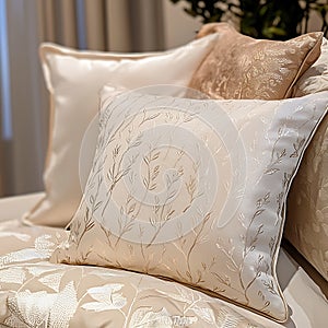 A white pillow with a leaf pattern sits on a bed