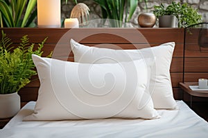 White pillow mockup of a bed in the hotel bedroom