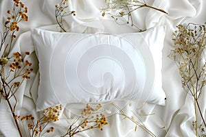 White pillow mockup with dried flowers on a clean background for home decor styling. Concept Home