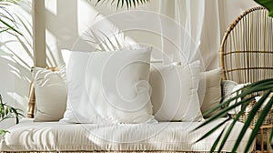 White Pillow mockup in an elegant, light modern living room,