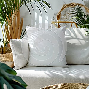 White Pillow mockup in an elegant, light modern living room,