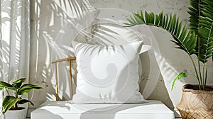 White Pillow mockup in an elegant, light modern living room,