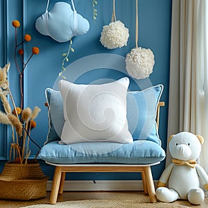 White Pillow in Modern Blue Nursery. Generative ai