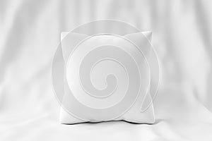 White pillow and square shape on fabric background with blank template. Pillow mockup for design. 3D rendering