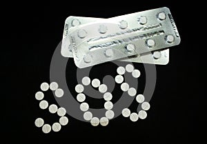 White pills on black background, which forming the word SOS and blisters, prescription drugs dependence, dependency concept