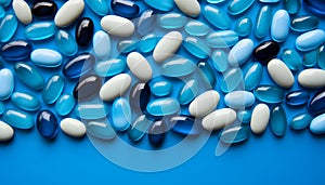 White pills on blue background