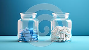 White pills, capsules and vitamins in a jar on a blue background.