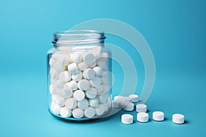 White pills in a glass jar on blue background. Focus on foreground.