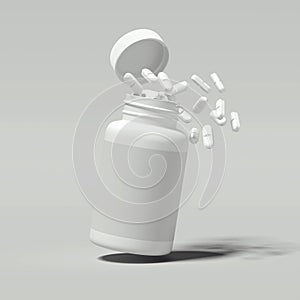 White pills spilling out of white bottle, 3d rendering.