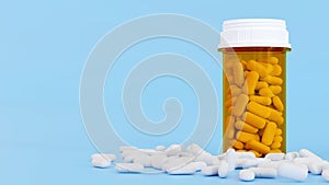 White pills and yellow pills bottle, Medicine bottles with drugs, medical concept, 3D rendering