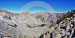 White Pine Lake views from trail mountain landscape towards Salt Lake Valley in Little Cottonwood Canyon, Wasatch Rocky mountains