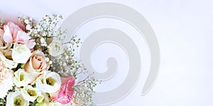 White and pink chic bouquet on a white background. Chrysanthemum roses in a delicate floral arrangement.