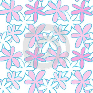 White pink daisy petal flower blossom vector seamless pattern, abstract flora illustration drawing on white background for fashion