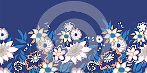White and pink doodle flowers border folk style on blue background.
