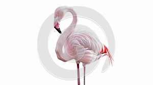 This is a white pink flamingo with a curled heart shaped neck, standing, with legs close, raising one leg, isolated on