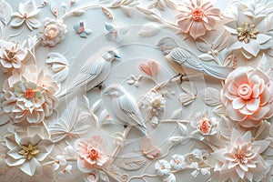 A white and pink floral background with two birds and a heart