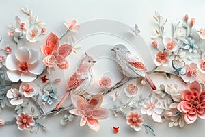 A white and pink floral background with two birds and a heart