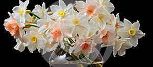 White and pink flowers in a vase on black background