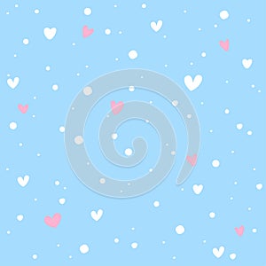 White and pink heart cartoon on polka dot soft blue background vector illustration.