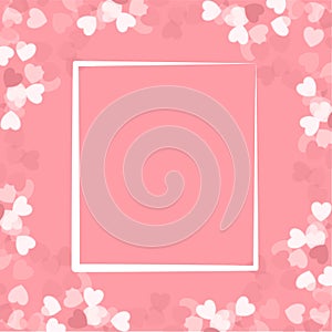 White and pink hearts abstract confetti background with a white text frame in the center