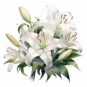 White Lily Bouquet Watercolor Painting On White Background photo
