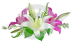 White and pink Lily flower bouquet isolated on white background
