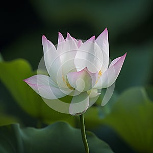 White and pink lotus flower is open, revealing its yellow center, set against a soft green backdrop