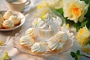 White Pink Meringue Cookies, Tea Cup and Flowers, Traditional Whisk Merengues, Baked Whisking Cream