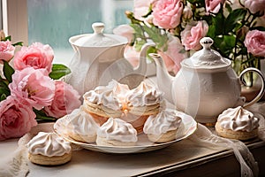 White Pink Meringue Cookies, Tea Cup and Flowers, Traditional Whisk Merengues, Baked Whisking Cream