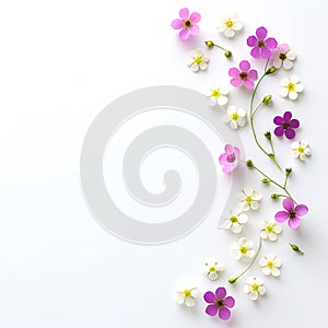 White pink purple flowers on blank background