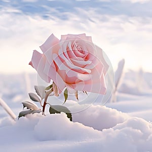 White, pink rose flower sprinkled with white snow, smudged background of winter. Flowering flowers, a symbol of spring, new life