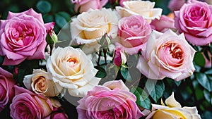 White and pink roses bouquet in detail