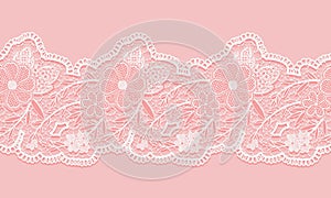 White and pink seamless lacy ribbon on pink background. Floral seamless border for design.