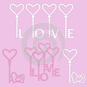 White and pink set of individual cute elements, keys with letters LOVE and hearts
