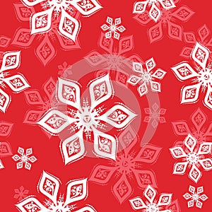 White and pink Snowflake seamless pattern on red background