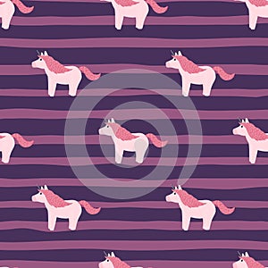 White and pink tones colored seamless doodle pattern with unicorn ornament. Purple striped background