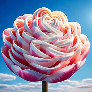 White and pink tulip on a background of blue sky with clouds