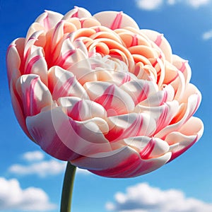 White and pink tulip on a background of blue sky with clouds