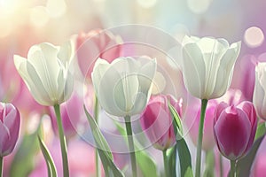White and pink tulips field with bokeh background
