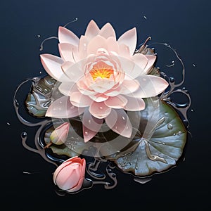 White pink water lily on water, green leaves all around. Flowering flowers, a symbol of spring, new life