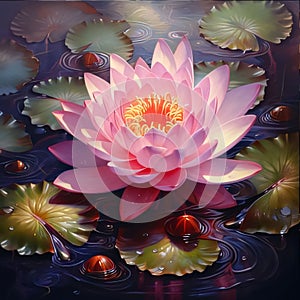 White pink water lily on water, green leaves all around. Flowering flowers, a symbol of spring, new life