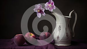 a white pitcher with a pink flower in it next to some apples on a purple cloth with a black background and a few pink flowers in