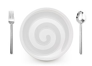 White place setting with plate fork and spoon