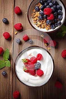 White plain greek yogurt with fresh berries and granola