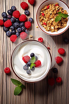 White plain greek yogurt with fresh berries and granola