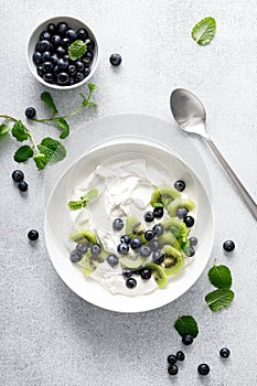 White plain greek yogurt with fresh blueberries and kiwi fruit, top view