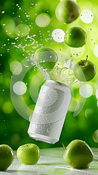 White plain soft-drink can floating with green apple, leaves, ice and splash. Conept summer, drink, thirst