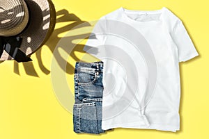 White plain unisex t-shirt shirt mockup Fashion summer flatlay photo