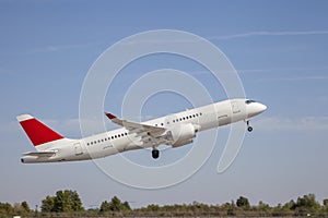 White plane flies in the sky. Takeoff and landing. Arrival and departure. Place for your text. Passenger plane isolated